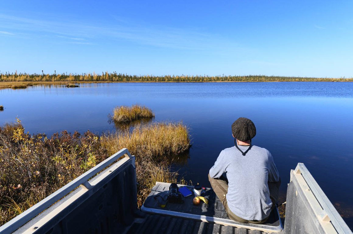 Northwest Territories. Spektakulär unberührt 18 Pause am See Mann sitzt auf Pickup Northwest Territories,