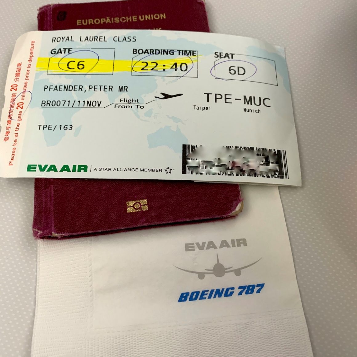 EVA Air Business Class Boarding Pass