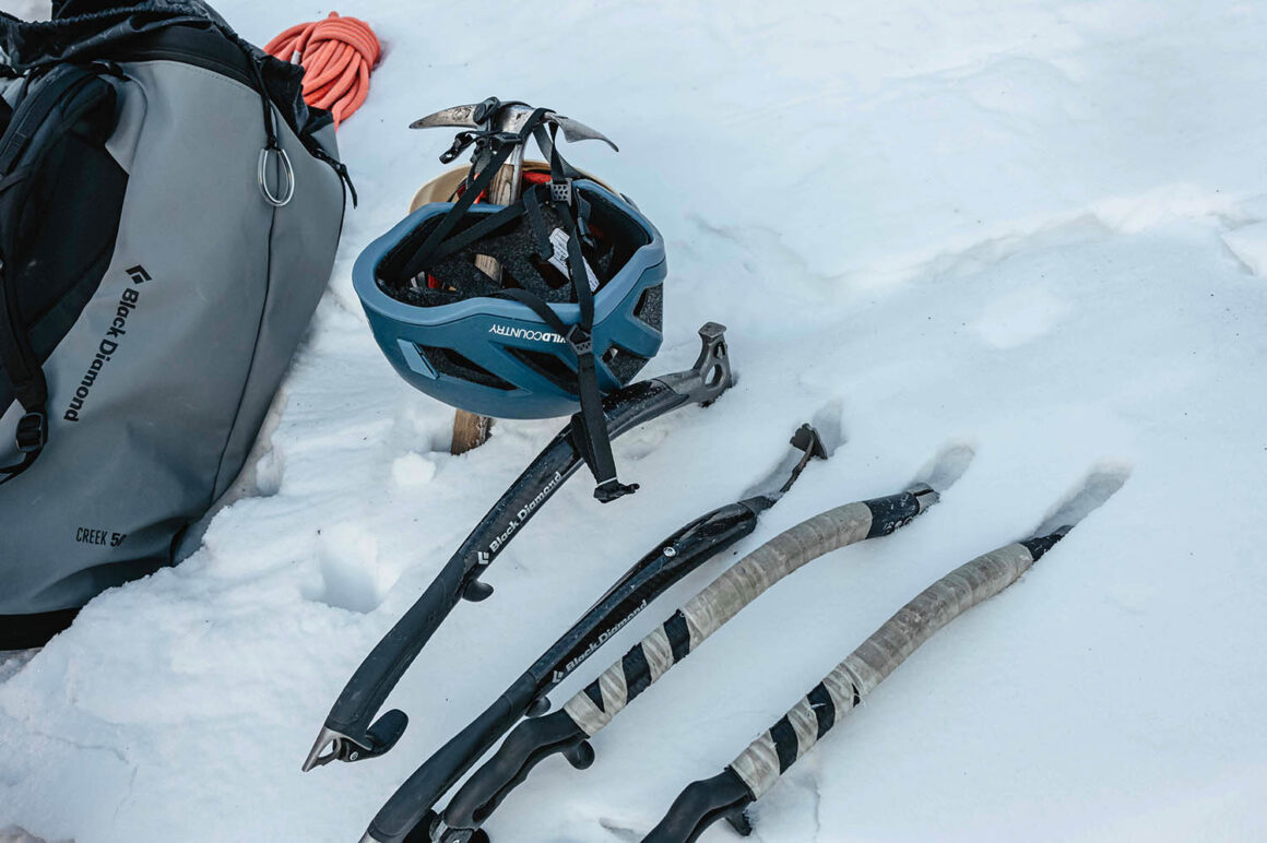 ice tools, climbing helmet, snow, Sertig Valley, Davos